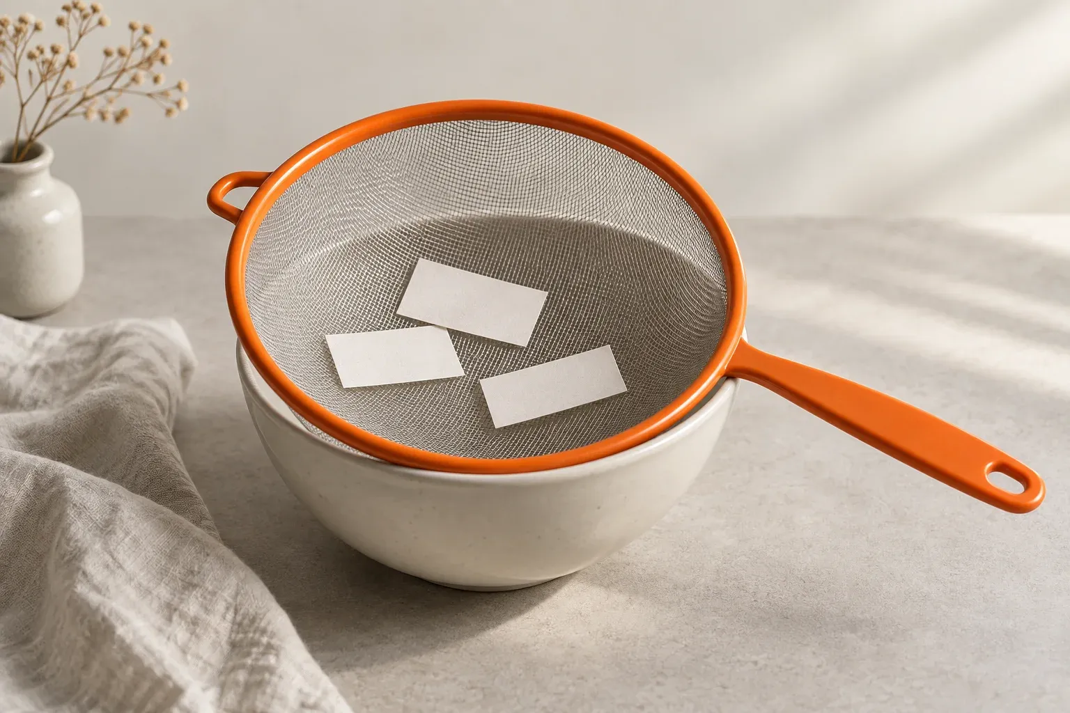 An orange sieve holding neutral paper slips above a cream bowl.