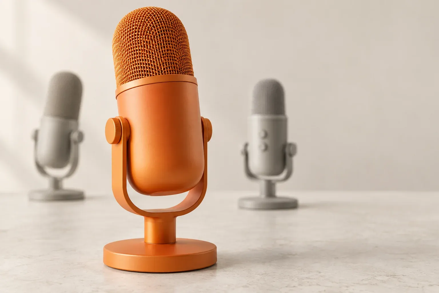 A prominent orange microphone beside two smaller neutral microphones on a quiet cream surface.