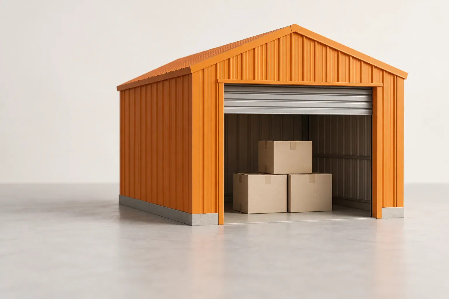An orange model warehouse with a few neutral storage boxes inside its open door.