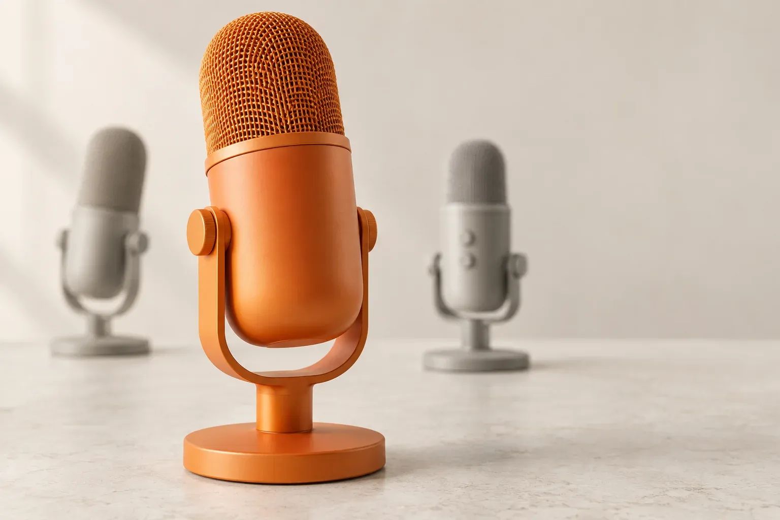 A prominent orange microphone beside two smaller neutral microphones on a quiet cream surface.