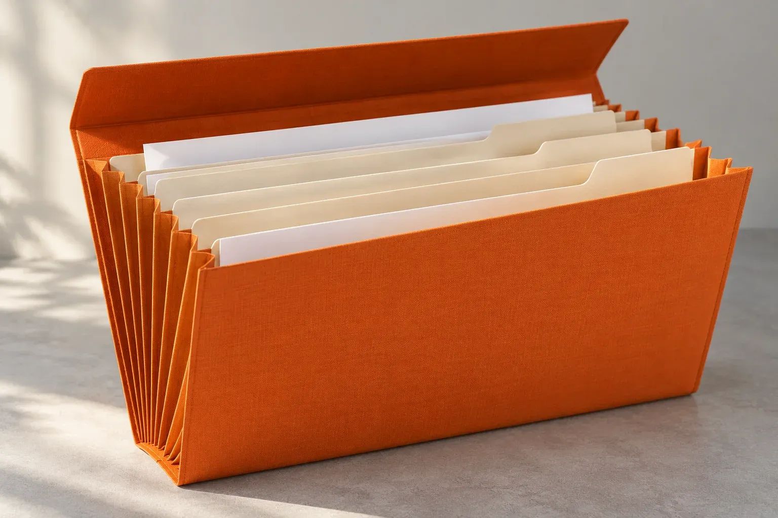 An open orange expanding document folder reveals several cream dividers and papers.