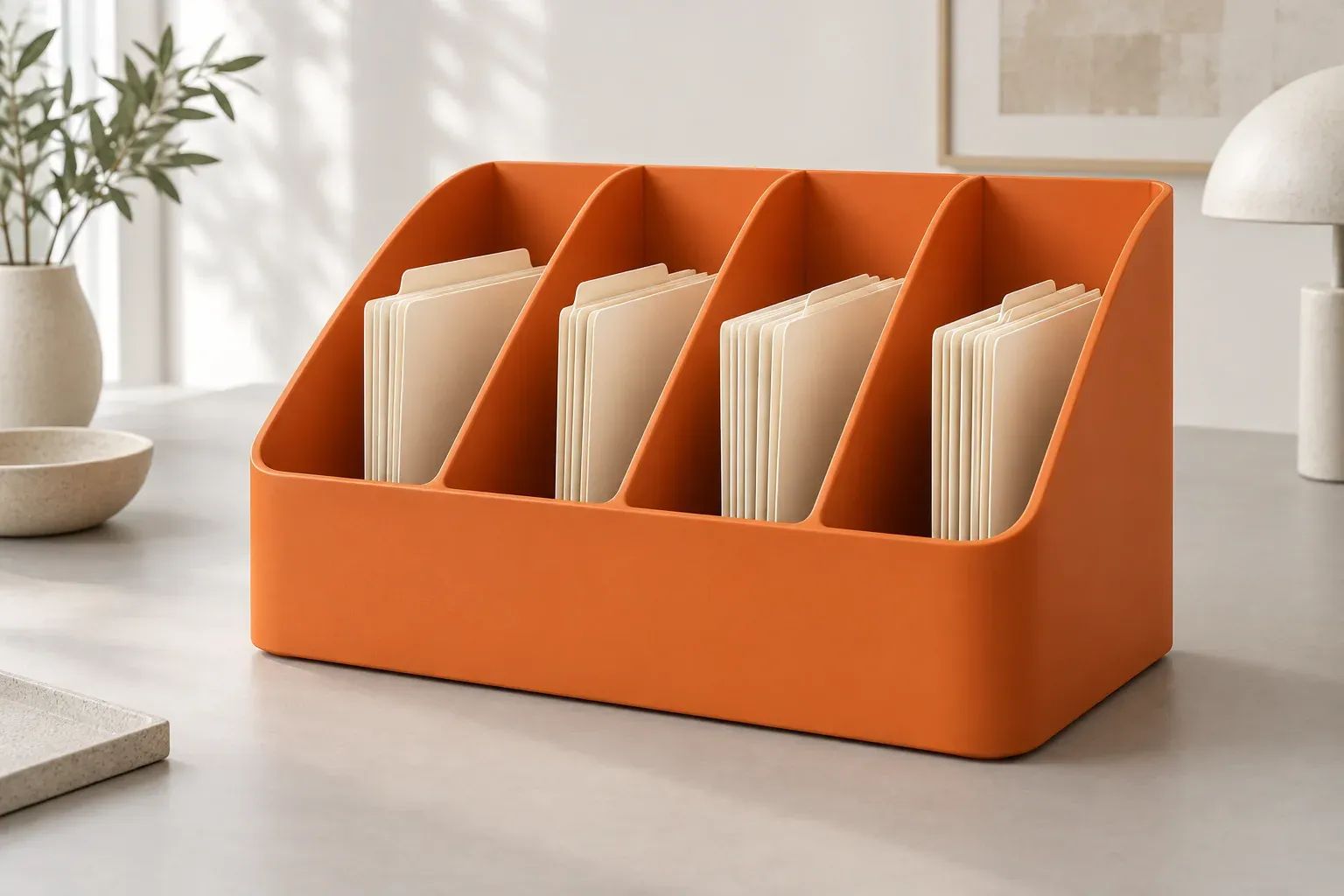 An orange desk organiser holding neatly separated cream folders.