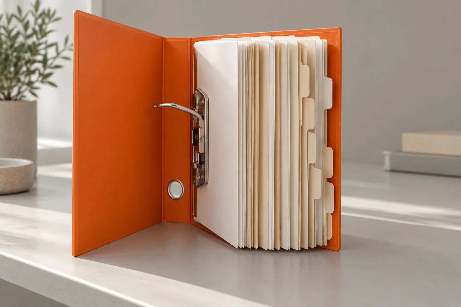 An orange lever-arch binder holds neatly divided cream documents on a neutral desk.