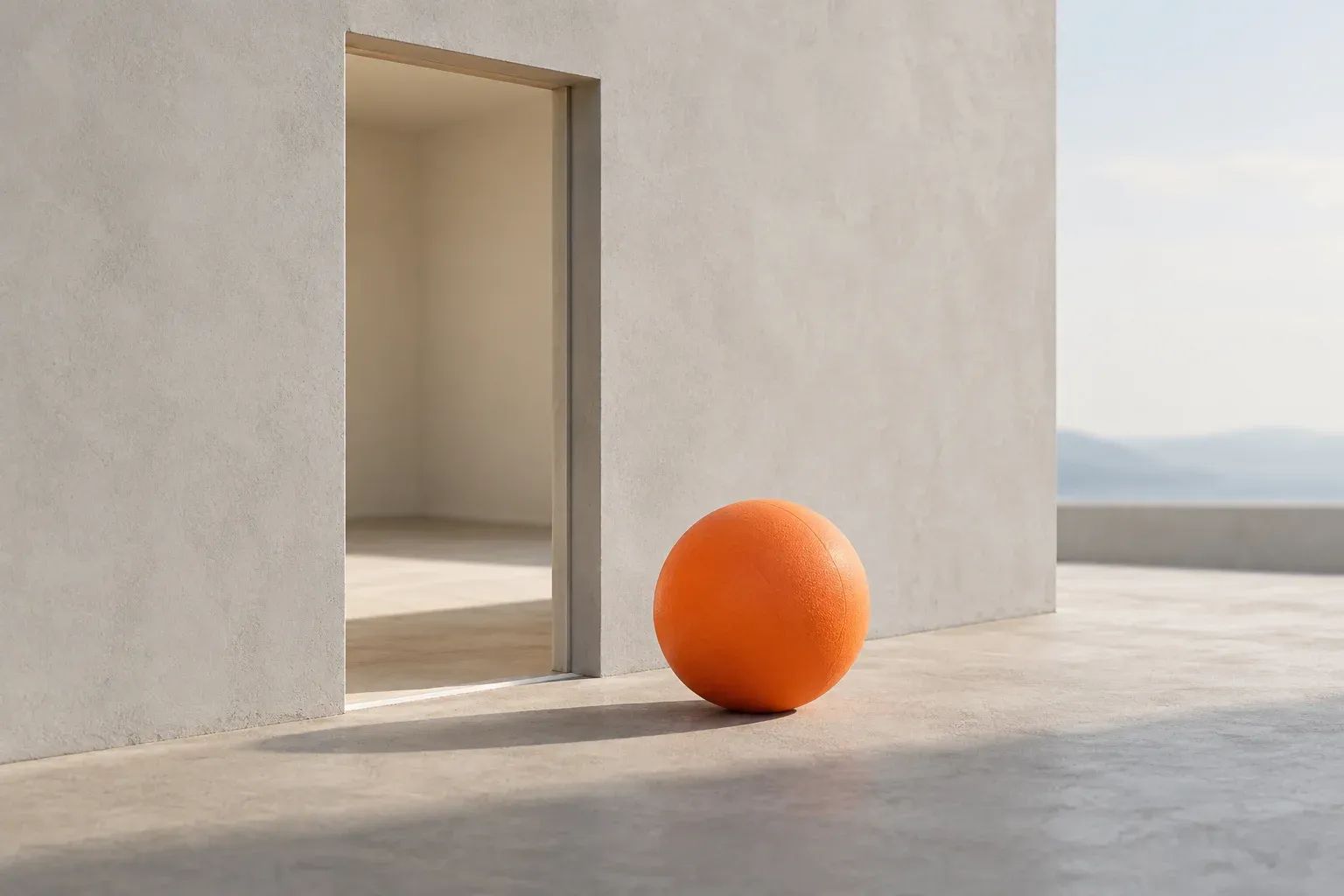 An orange rubber ball beside a simple open doorway in a neutral model wall.