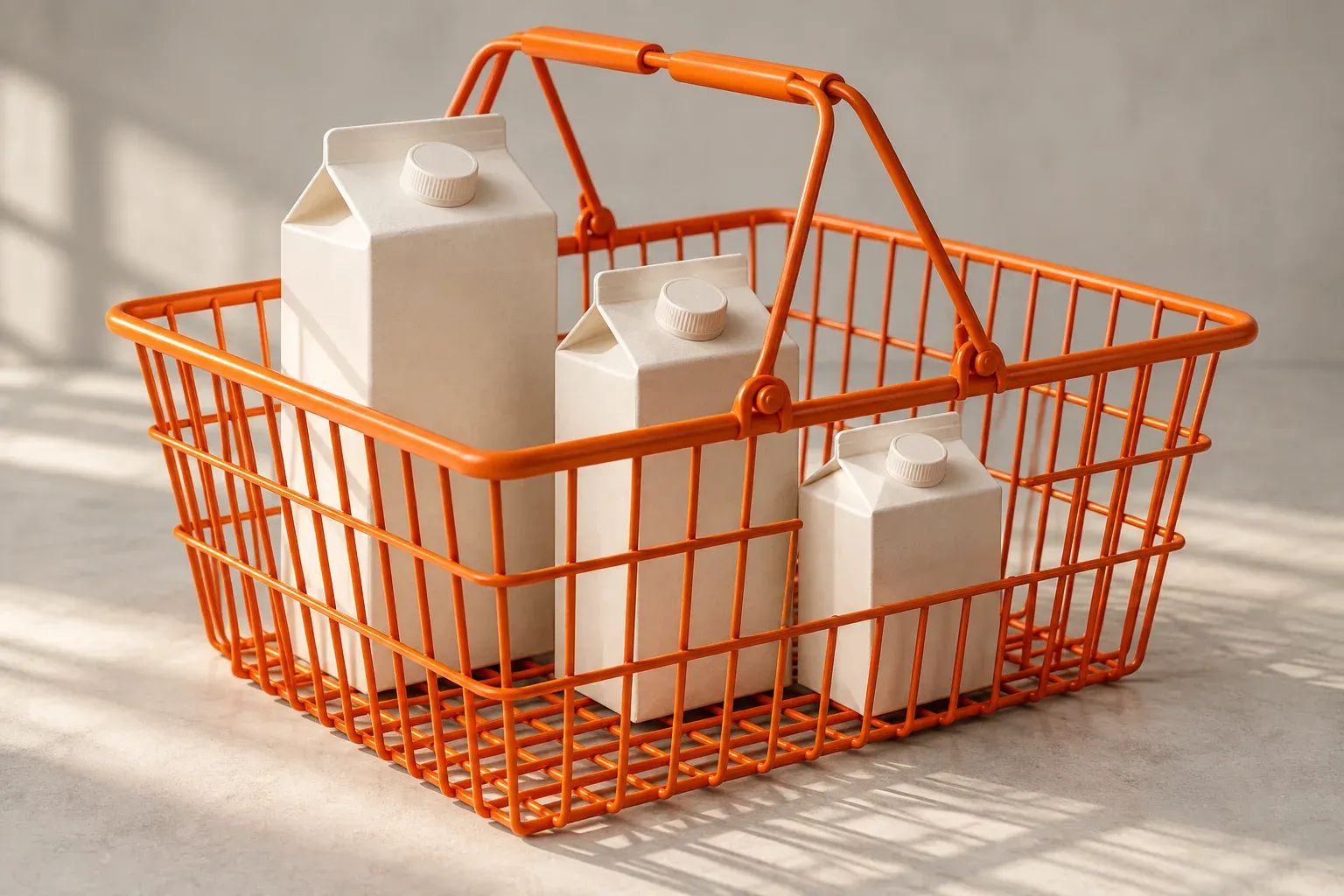 An orange shopping basket holds three plain cream cartons.