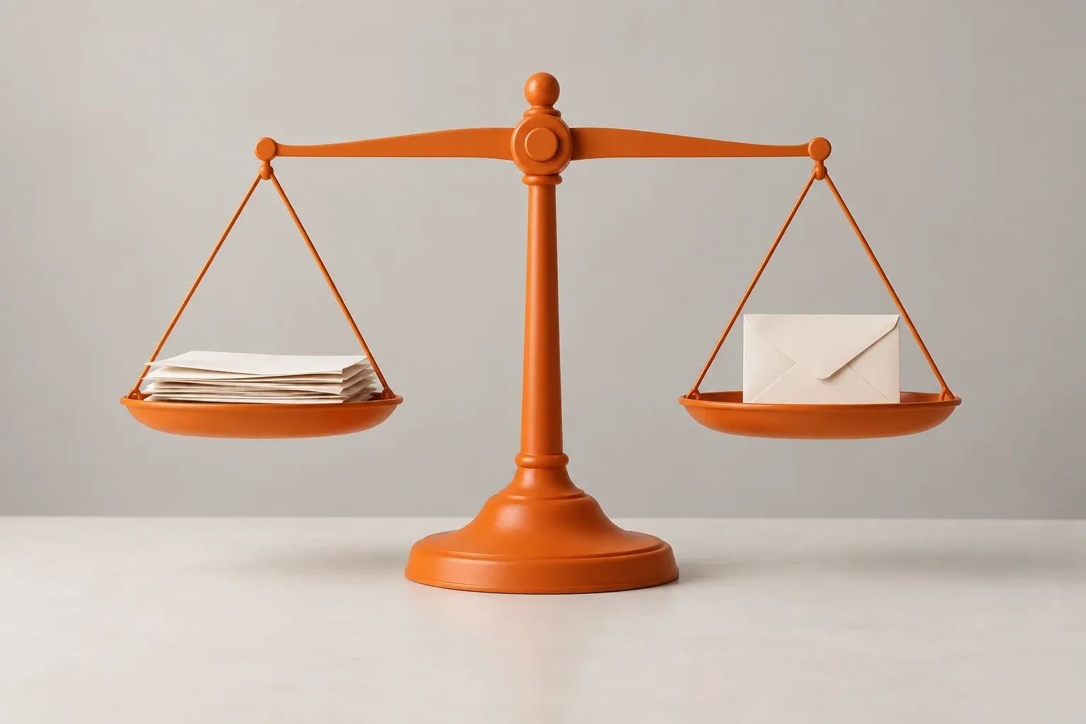An orange balance scale with neutral paper sheets on one side and a small cream envelope on the other.