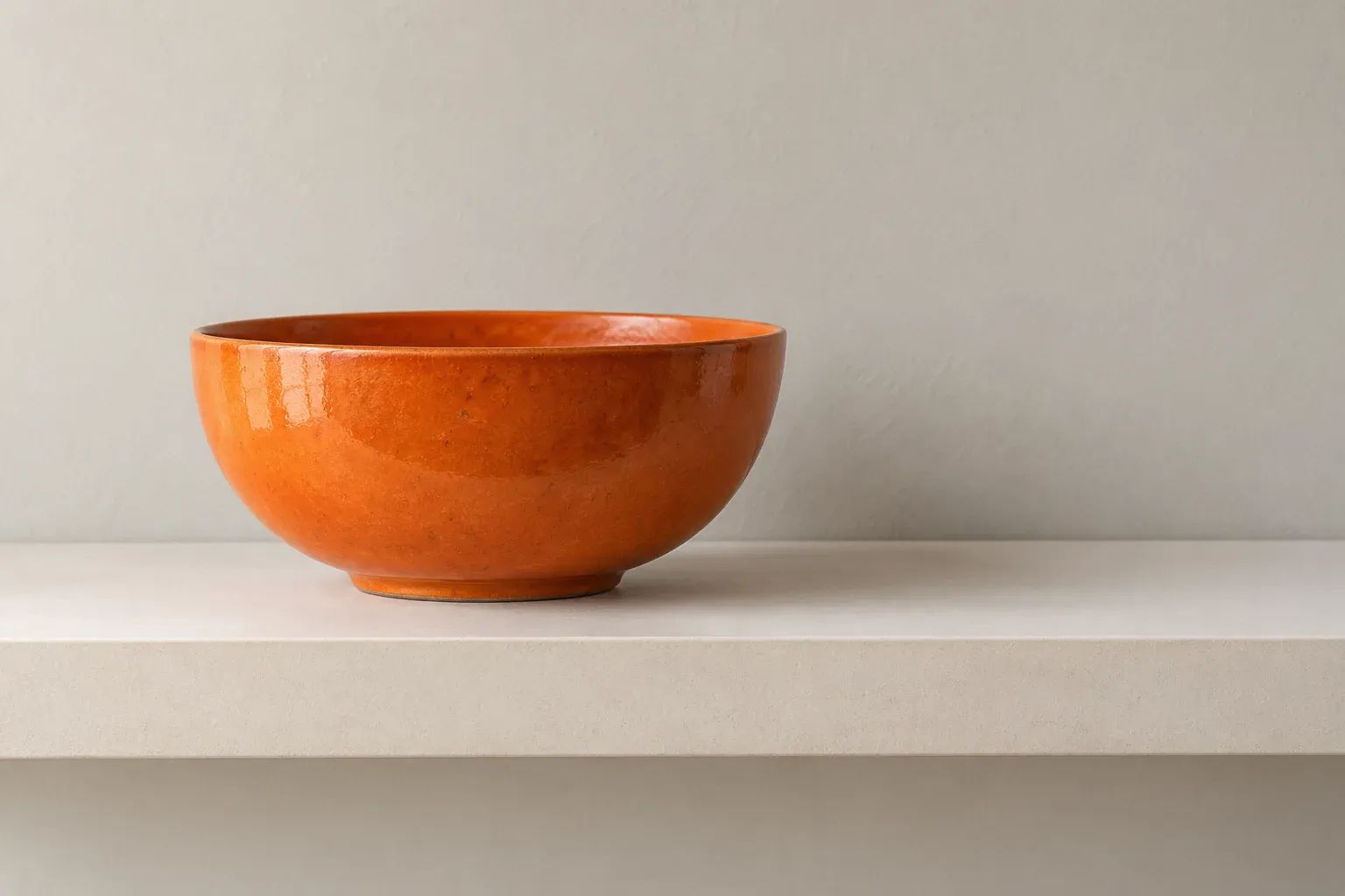 A single orange ceramic bowl on a spacious cream shelf.