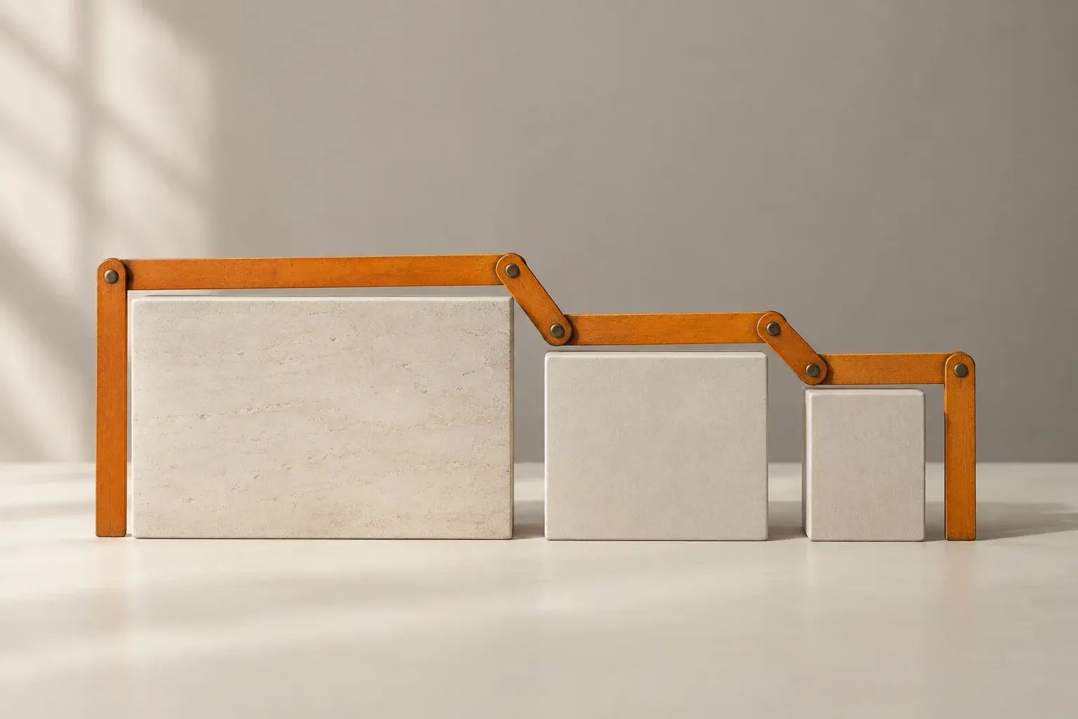 An orange folding ruler bent around differently sized neutral rectangles.