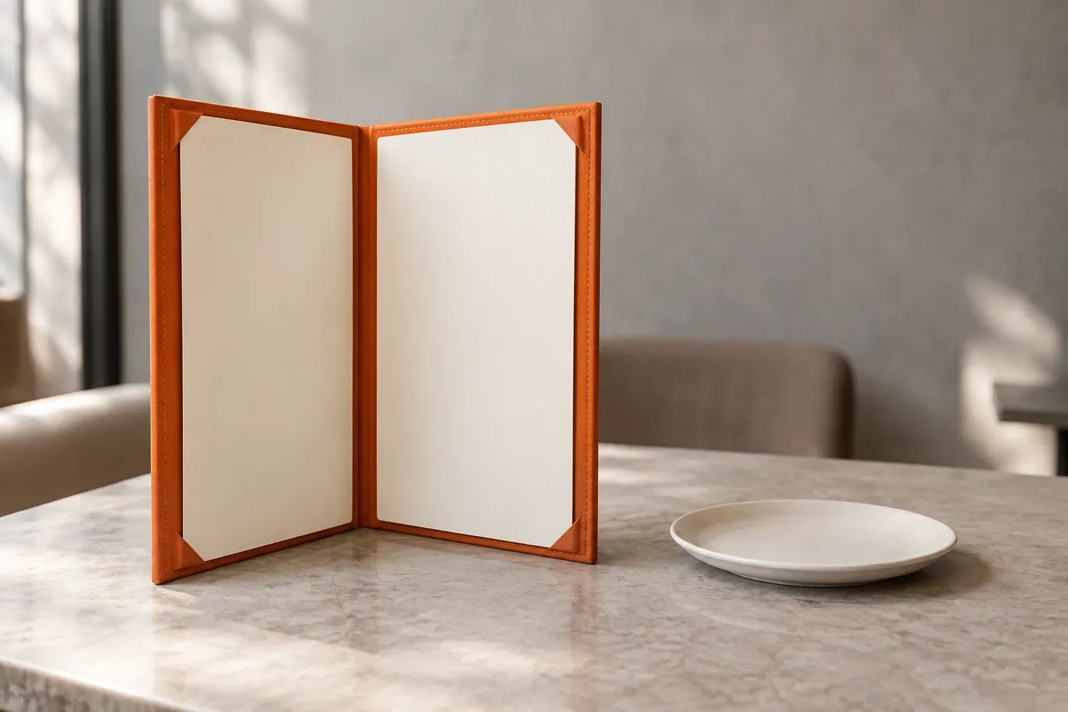 An orange menu folder stands open beside an ivory plate on a neutral restaurant table.