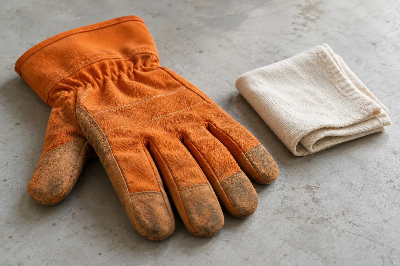 A prominent orange work glove rests on a neutral workbench beside a neatly folded cream cloth.
