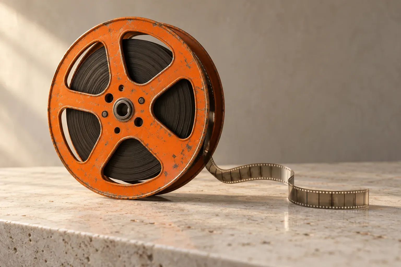 An orange film reel rests on a pale table beside a short strip of neutral film.