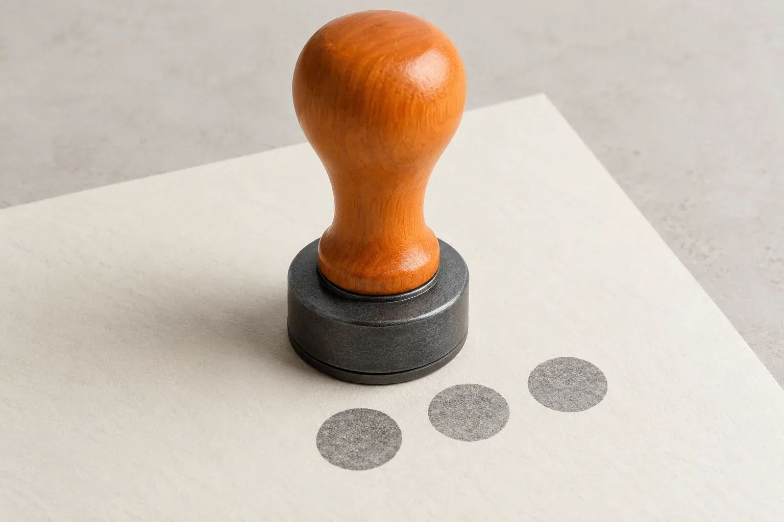 An orange-handled rubber stamp stands beside three matching grey circles on cream paper.