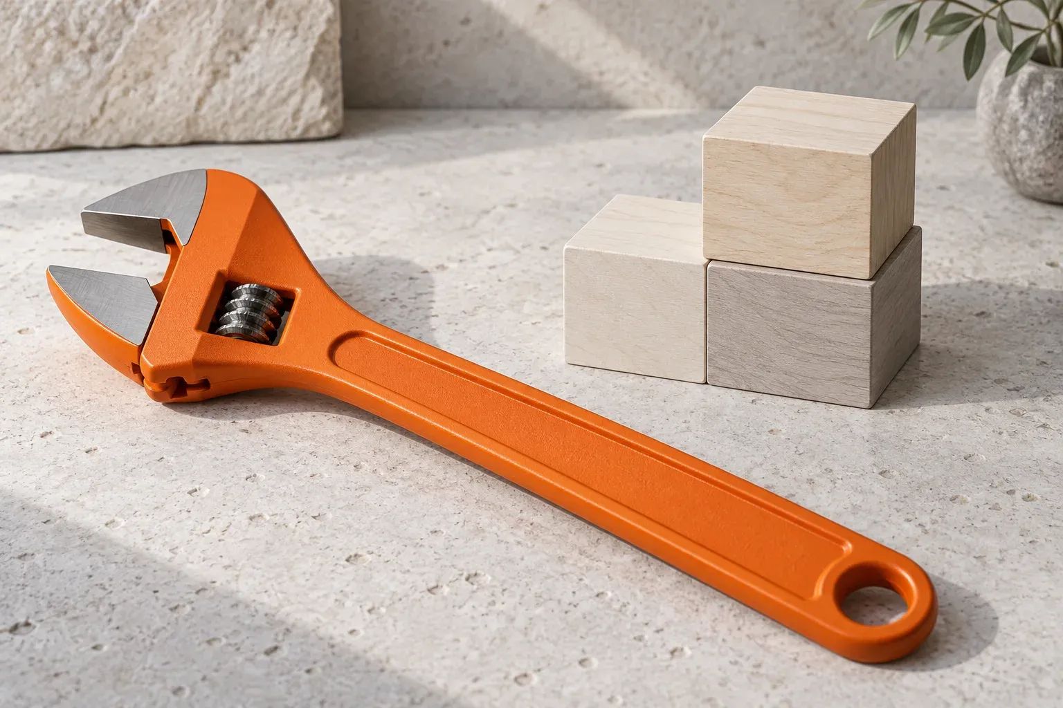 An orange adjustable spanner lies beside a simple modular wooden structure.