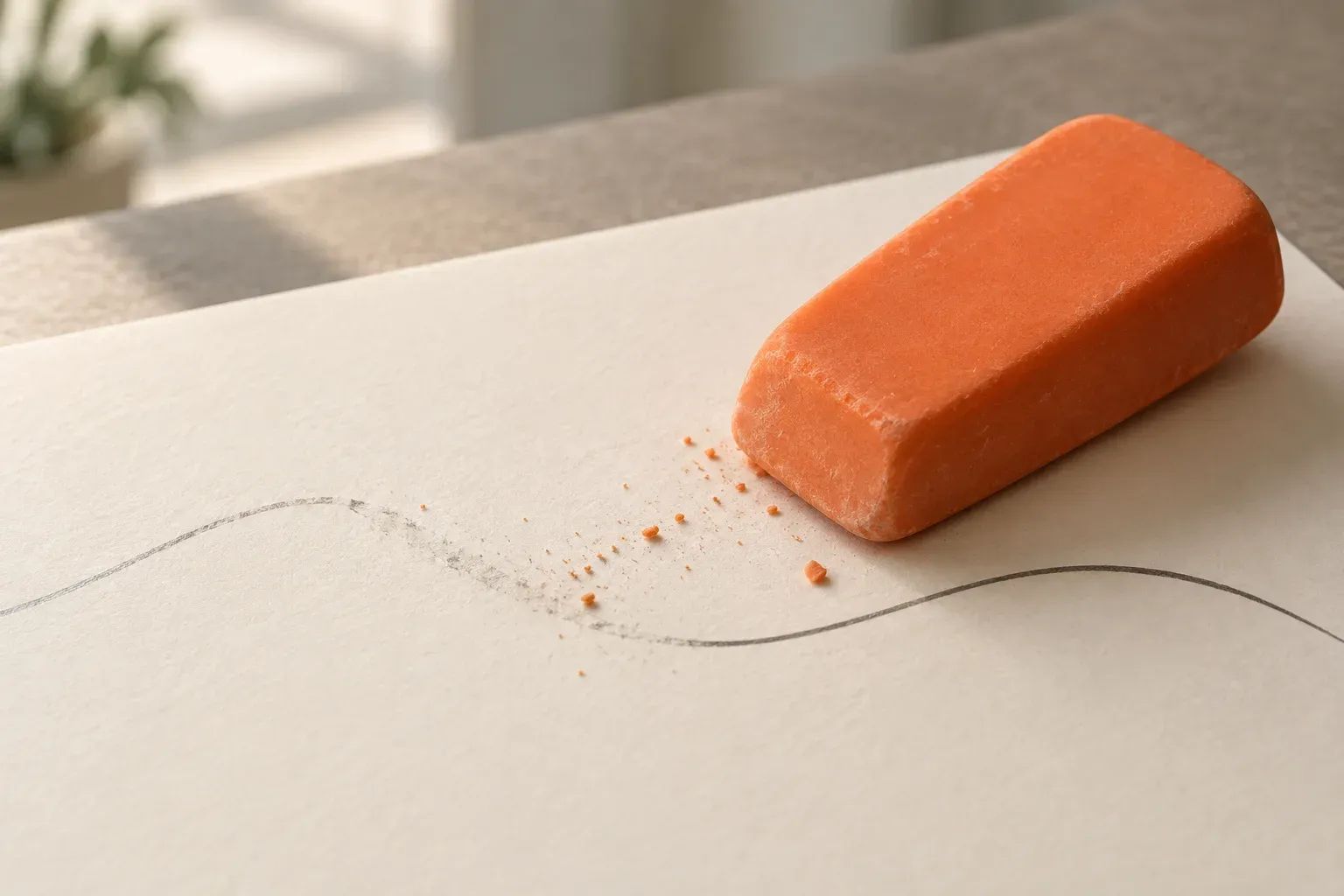 An orange eraser beside an unfinished pencil route on cream paper.
