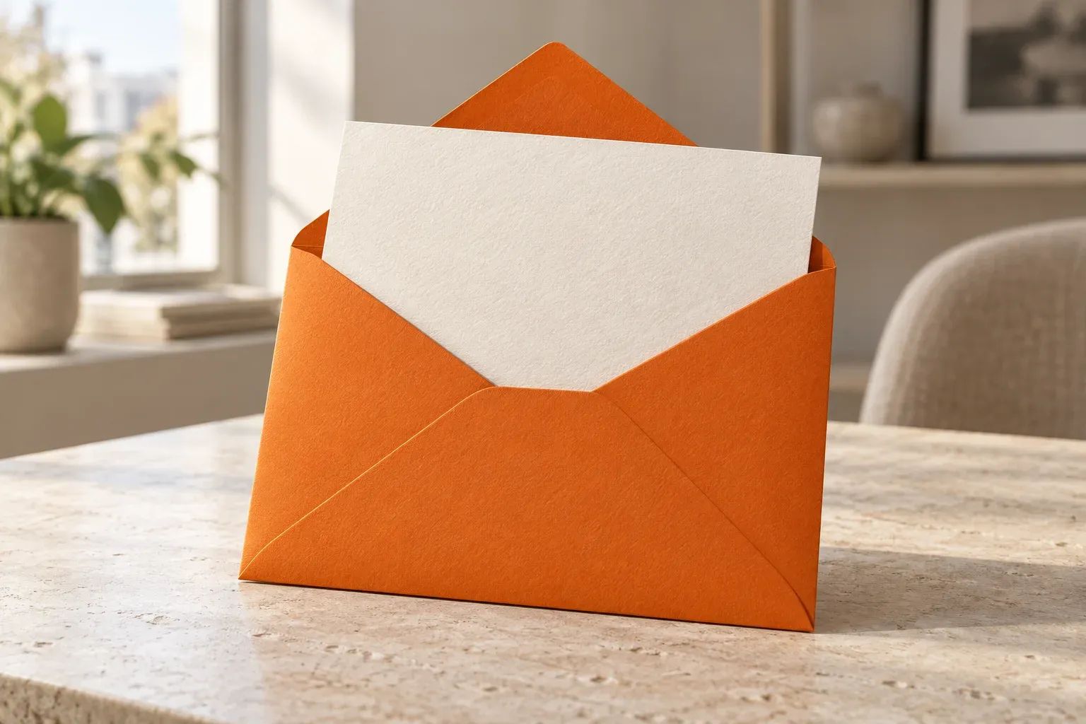 An orange envelope holds a cream enquiry card on a simple desk.