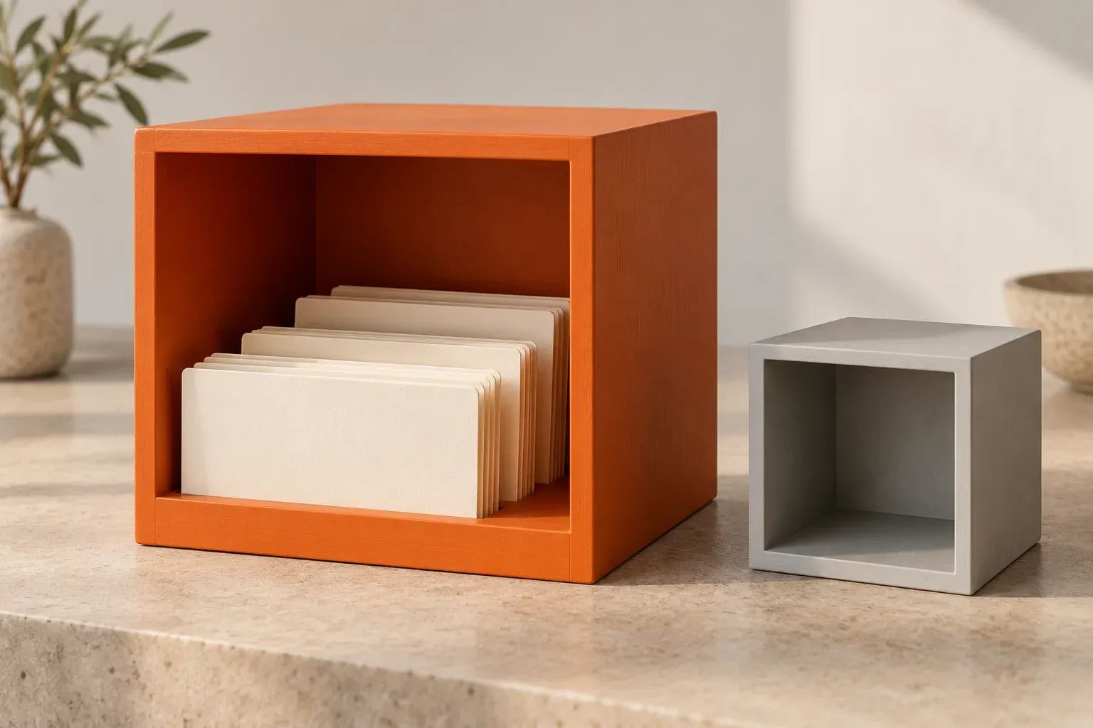 An orange modular storage cube holds cream cards beside a smaller matching neutral cube.