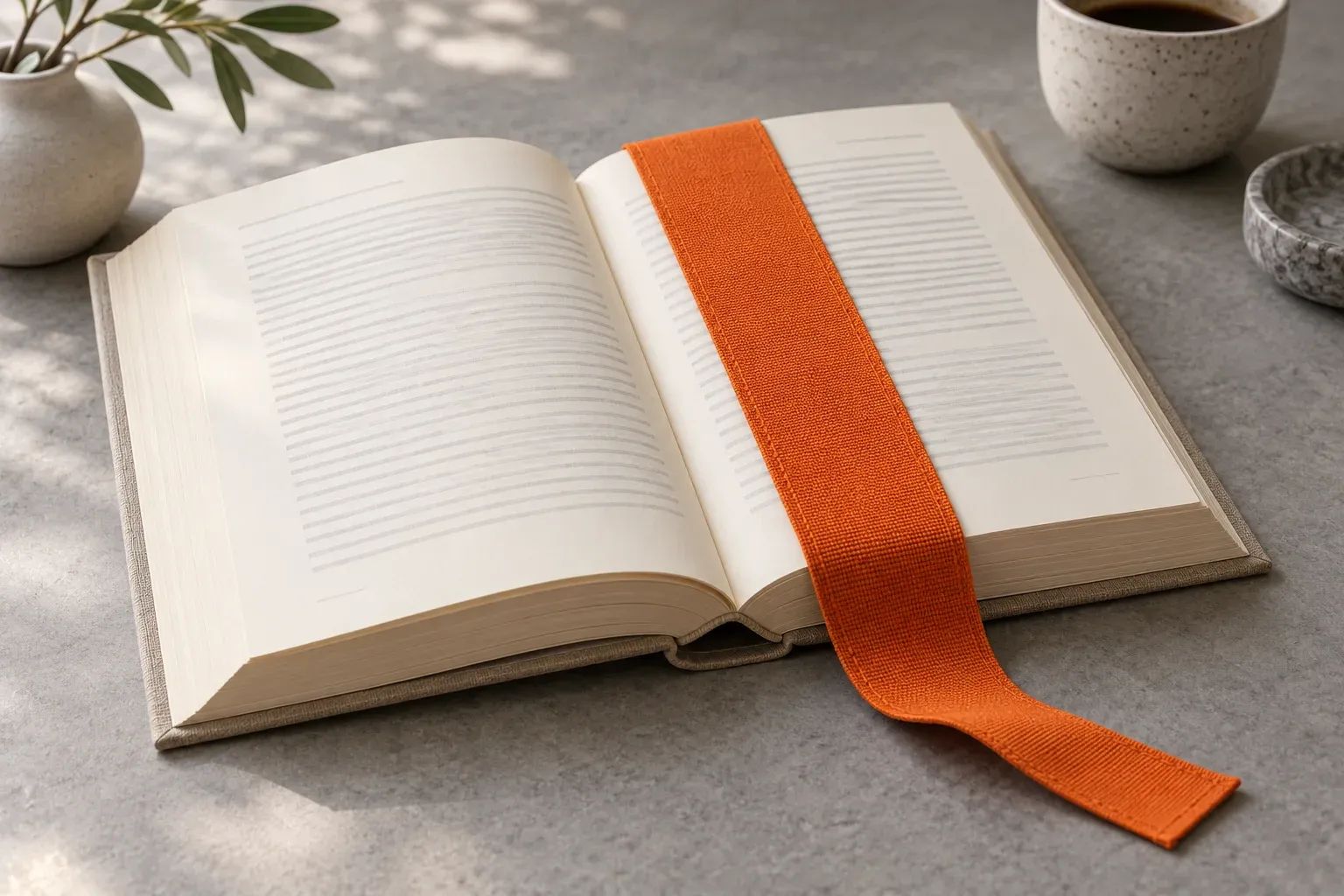 A large orange bookmark marks a page in an open cream reference book.