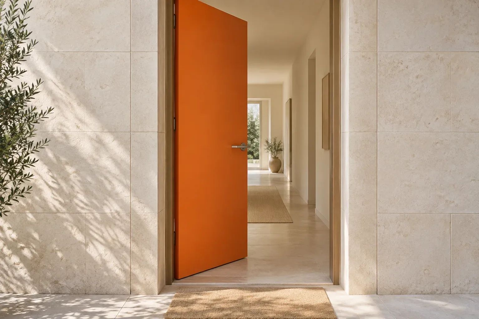 An open orange front door leads into a bright, uncluttered cream hallway.
