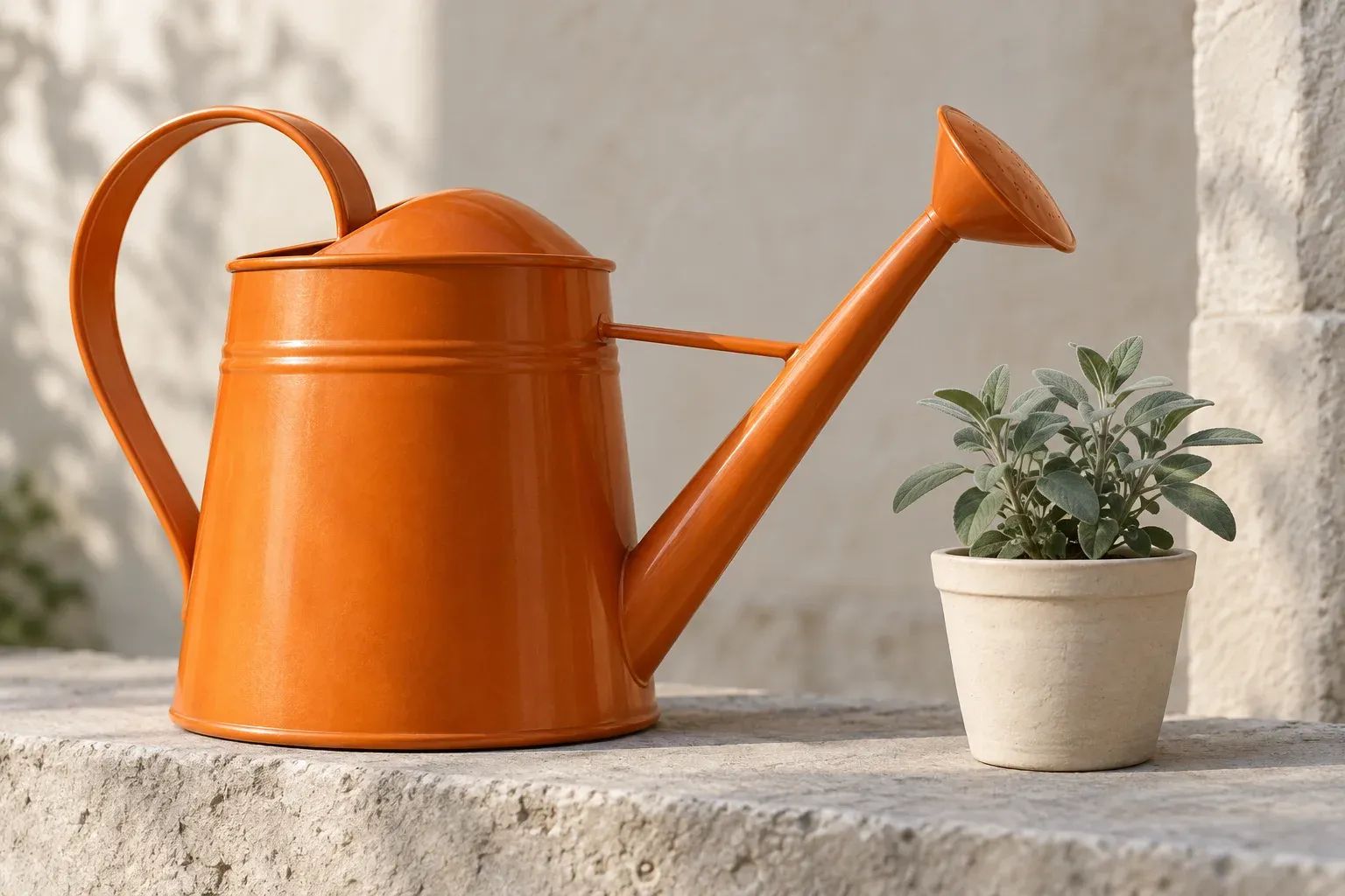 An orange watering can stands beside a small plant in a cream pot.
