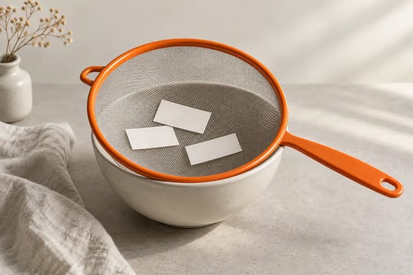 An orange sieve holding neutral paper slips above a cream bowl.