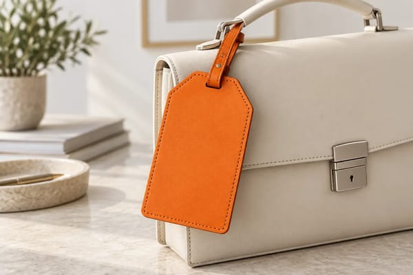 A large orange luggage tag attached to a plain cream briefcase.