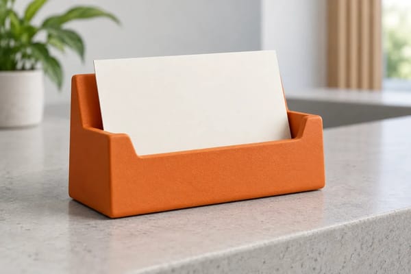 An orange appointment card holder displays a blank cream card on a reception counter.