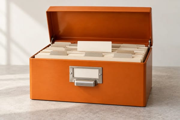 An orange card-index box holds neatly arranged cream product reference cards.