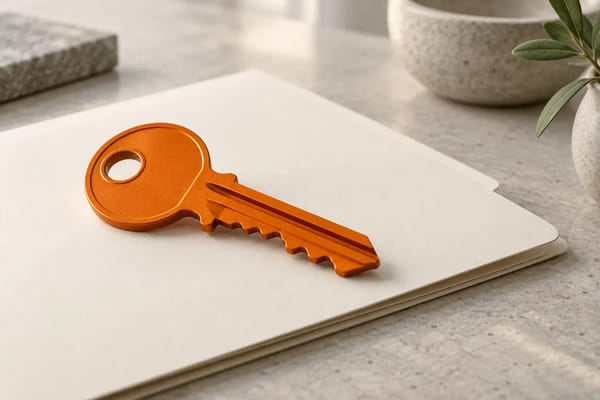 A large orange key rests beside a closed cream business folder on a quiet desk.