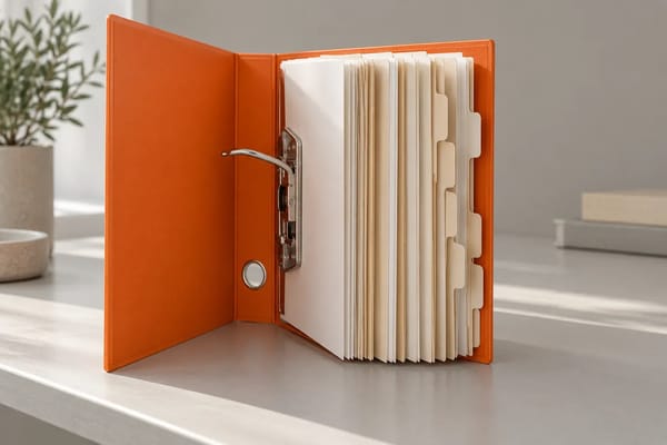 An orange lever-arch binder holds neatly divided cream documents on a neutral desk.