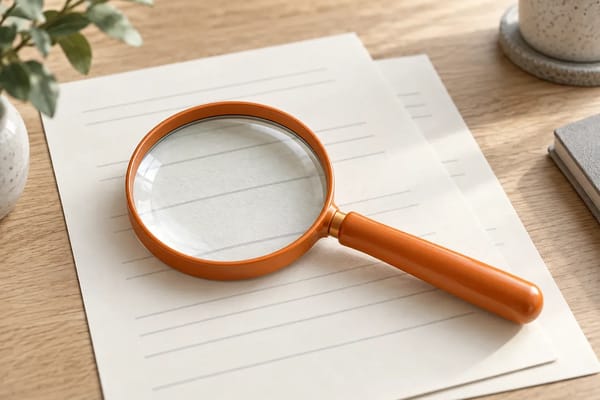 A prominent orange magnifying glass rests over neatly arranged cream proposal sheets.