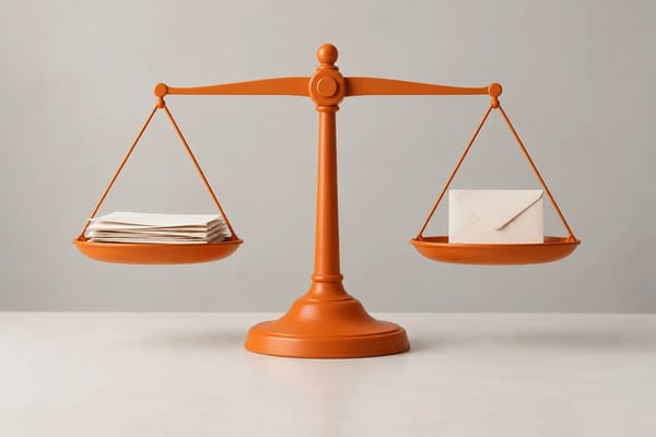 An orange balance scale with neutral paper sheets on one side and a small cream envelope on the other.