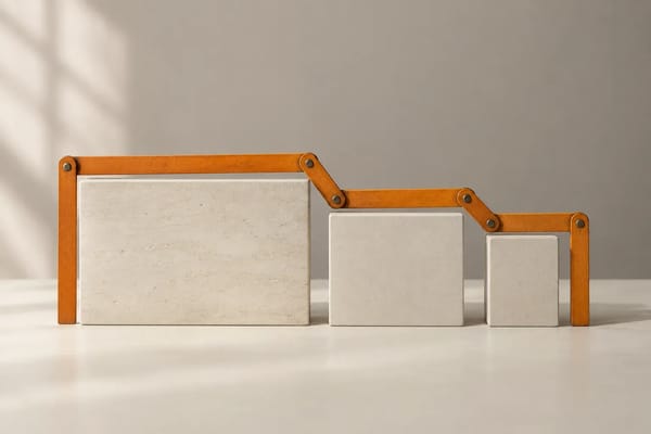 An orange folding ruler bent around differently sized neutral rectangles.