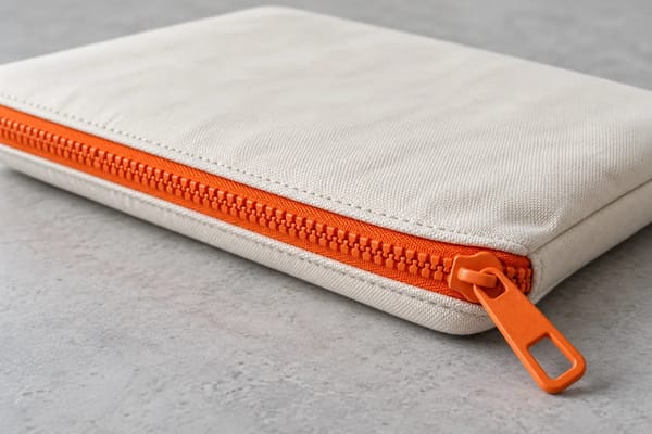 A large orange zip securely closes a cream document pouch on a neutral table.