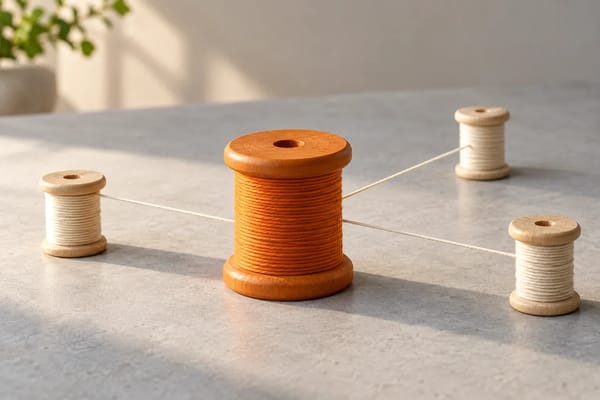 An orange central spool connects by neutral thread to three smaller cream spools.
