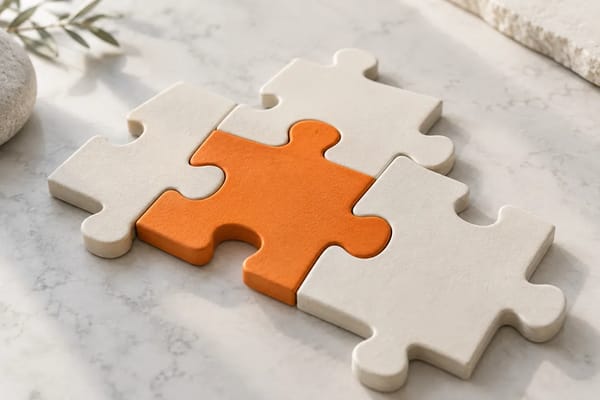 One orange puzzle piece fits neatly into a group of cream pieces on a quiet desk.