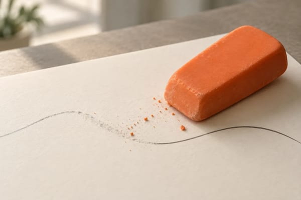 An orange eraser beside an unfinished pencil route on cream paper.