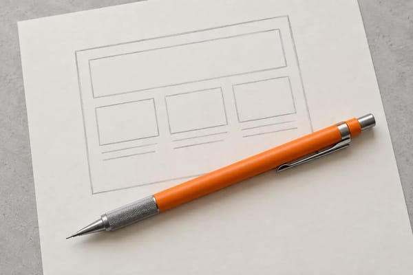 An orange drafting pencil lies across a simple pencil sketch of a website layout on cream paper.