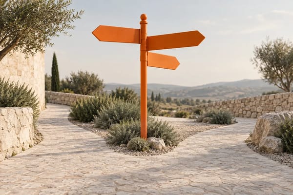 An orange signpost with simple arrow-shaped boards at a junction of pale paths.
