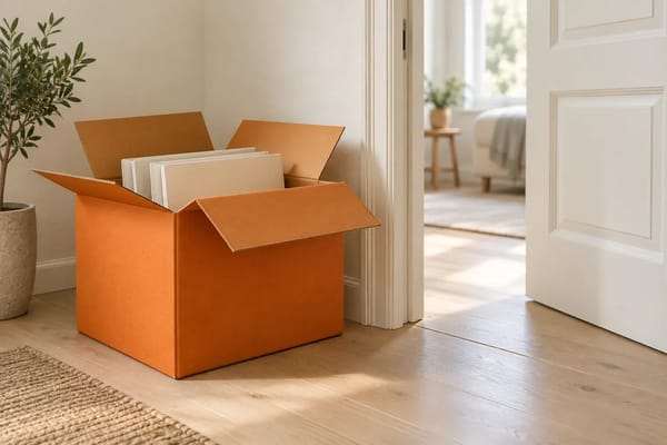An orange moving box holds carefully packed cream folders beside a pale doorway.