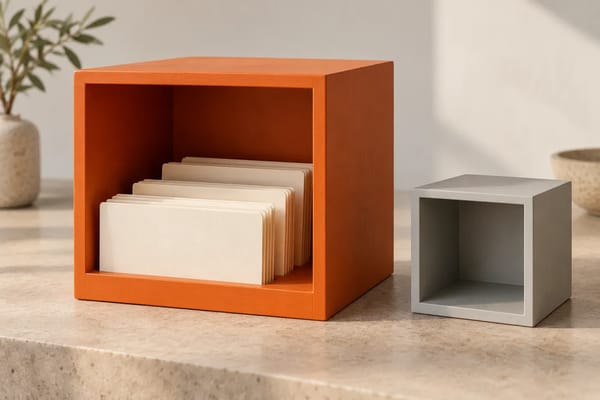 An orange modular storage cube holds cream cards beside a smaller matching neutral cube.