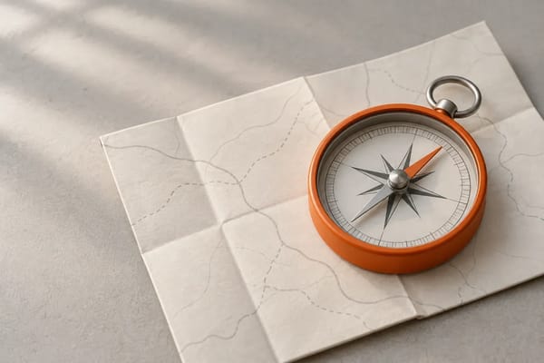 An orange compass on a folded neutral map, representing a clear direction for search marketing.