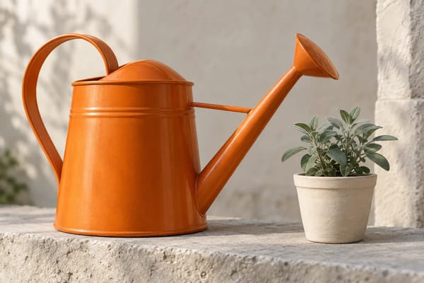 An orange watering can stands beside a small plant in a cream pot.