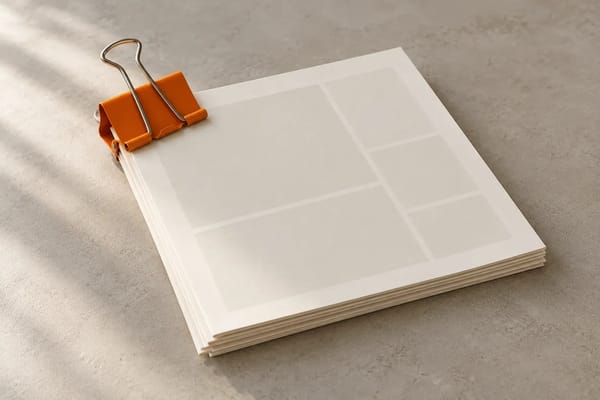 A large orange binder clip holds a small stack of cream planning sheets together.