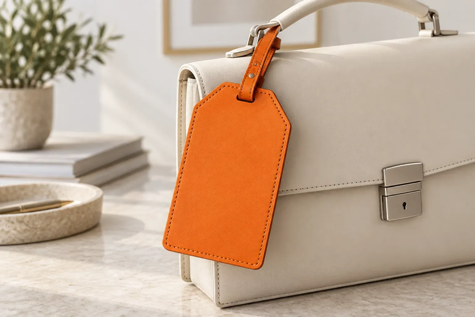 A large orange luggage tag attached to a plain cream briefcase.