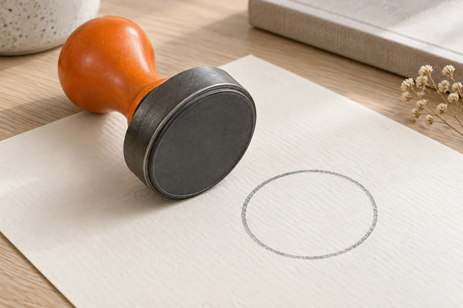 An orange-handled round stamp rests beside a simple circular mark on cream paper.