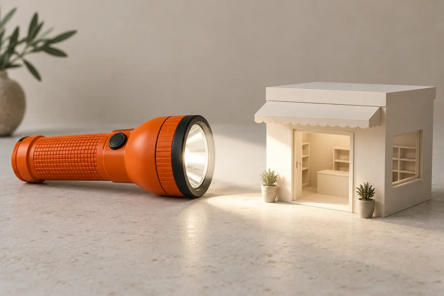 An orange handheld inspection torch illuminating a small neutral model shop.