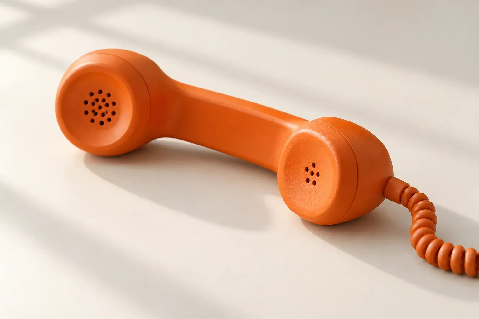 A prominent orange telephone handset rests on a cream desktop.