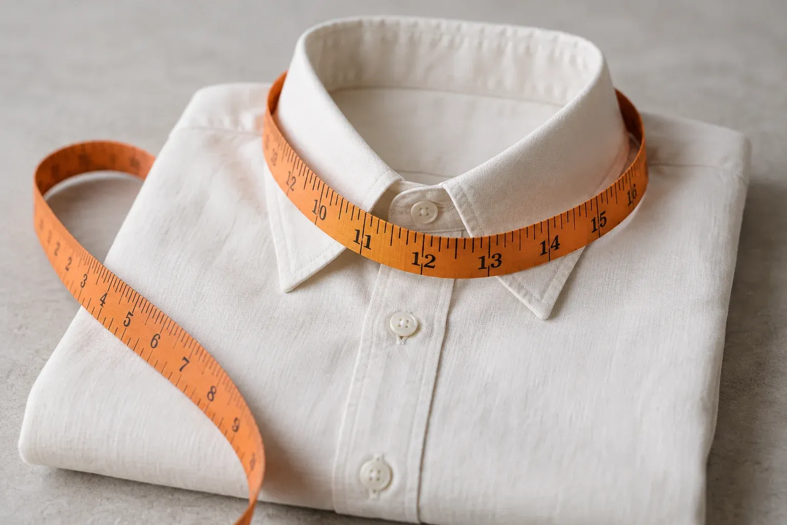 An orange tailor’s measuring tape curved around a plain cream shirt collar.