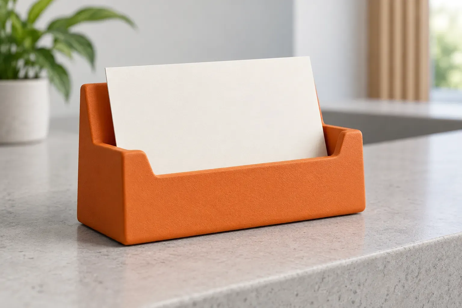 An orange appointment card holder displays a blank cream card on a reception counter.