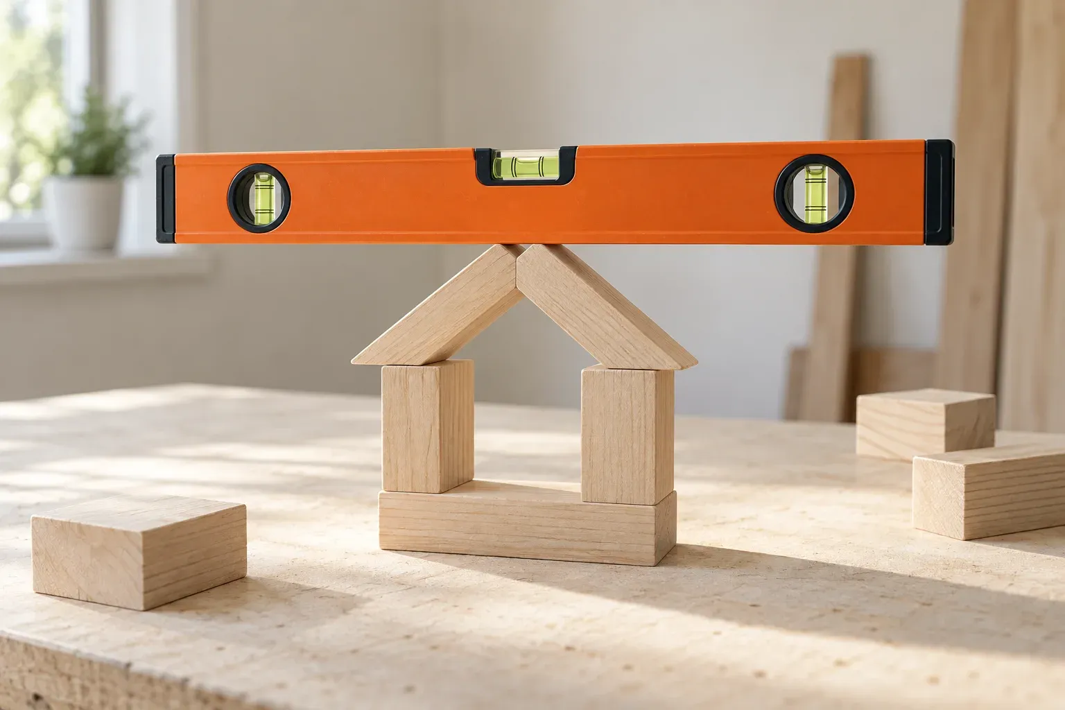 An orange spirit level resting on a partially assembled model house made from neutral wooden blocks.